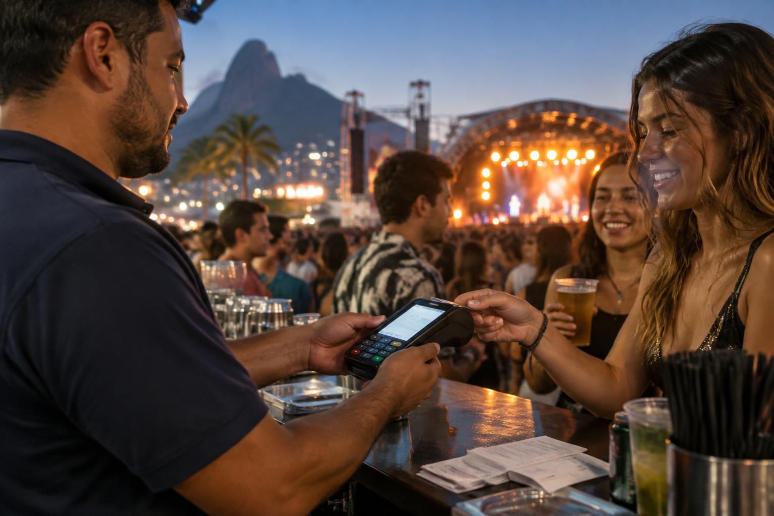 Operação de pagamento com cartão no balcão de um festival